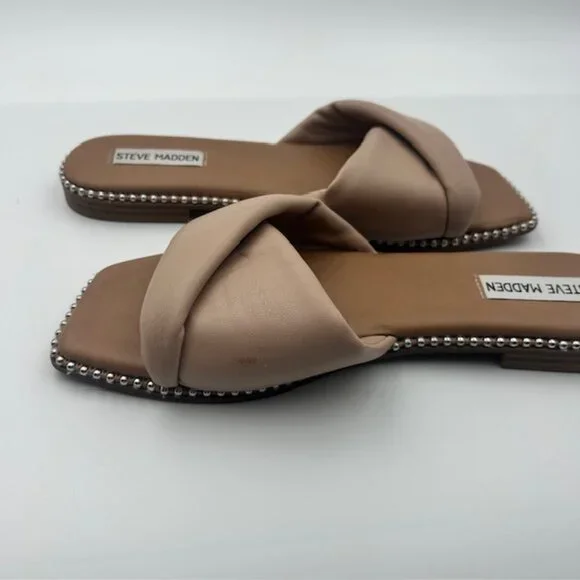 Steve Madden Nude Padded Crossover Slide Sandals Stud Trim Sz 8.5 - Picture 2 of 2
